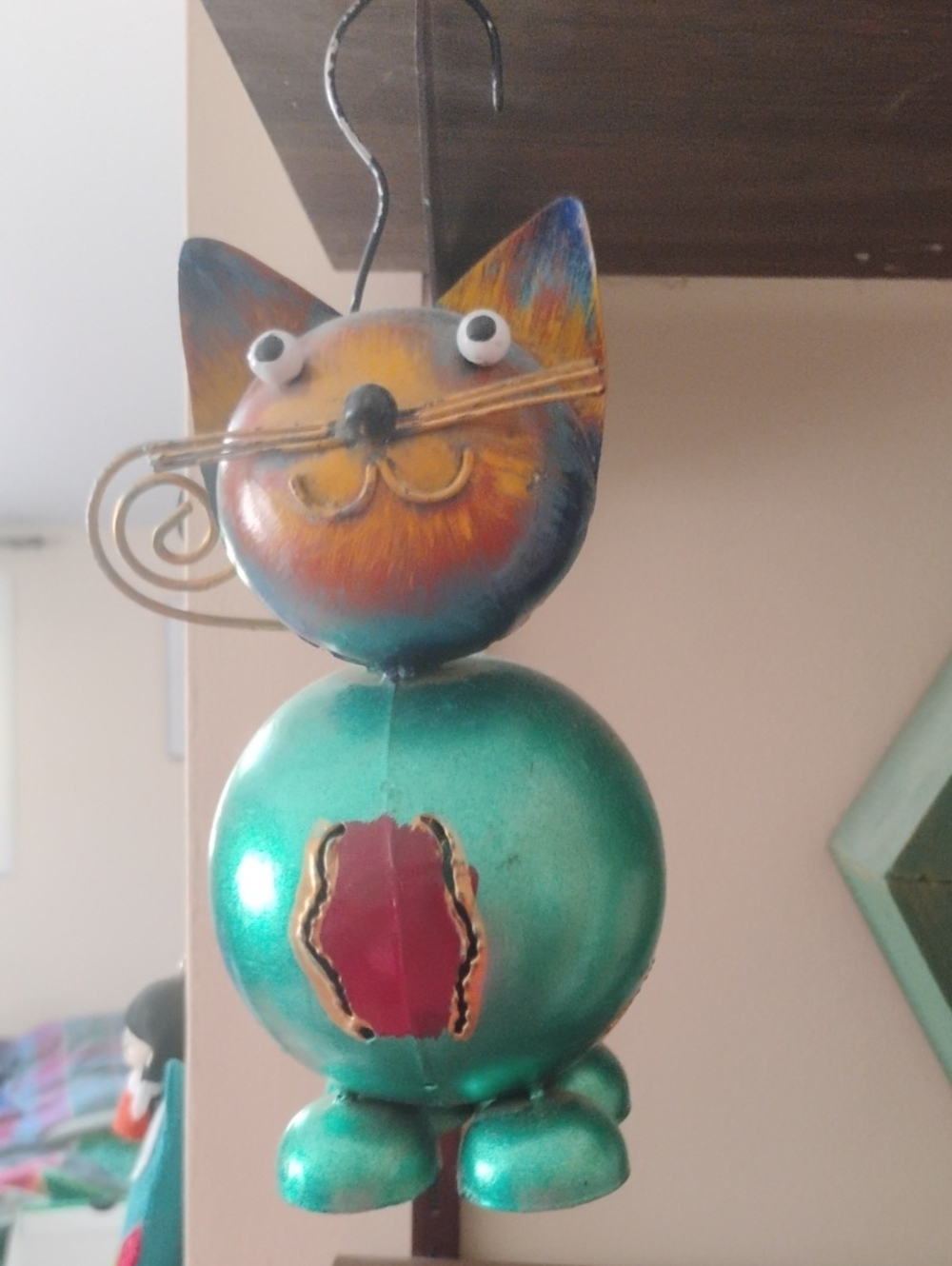 Handcrafted Green & Multicolor Hanging Cat Ornament